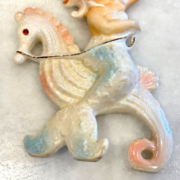 Vintage Lefton Mermaid Riding Seahorse Wall Plaque Figurine Ceramic Rhinestone - Picture 4 of 12